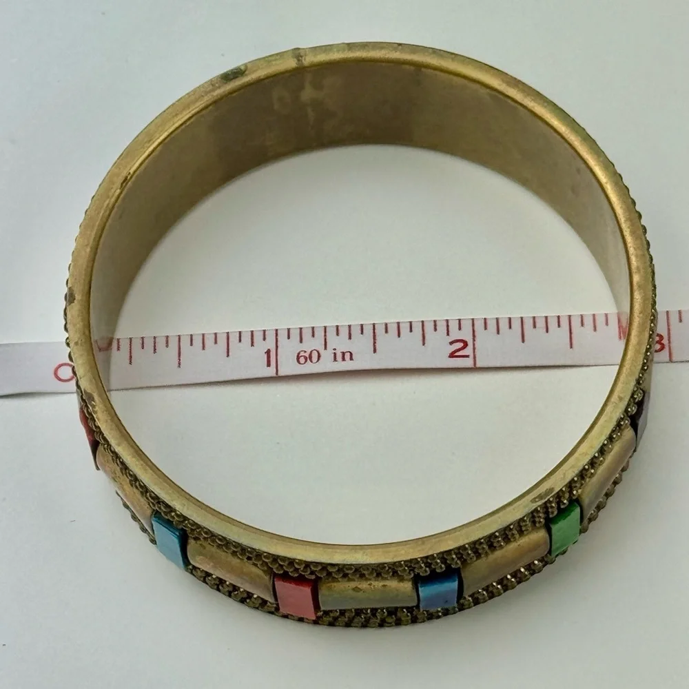 Unique Vintage 80s‎ - Early 90s Brass Colorful Beaded Thick Bangle Bracelet
